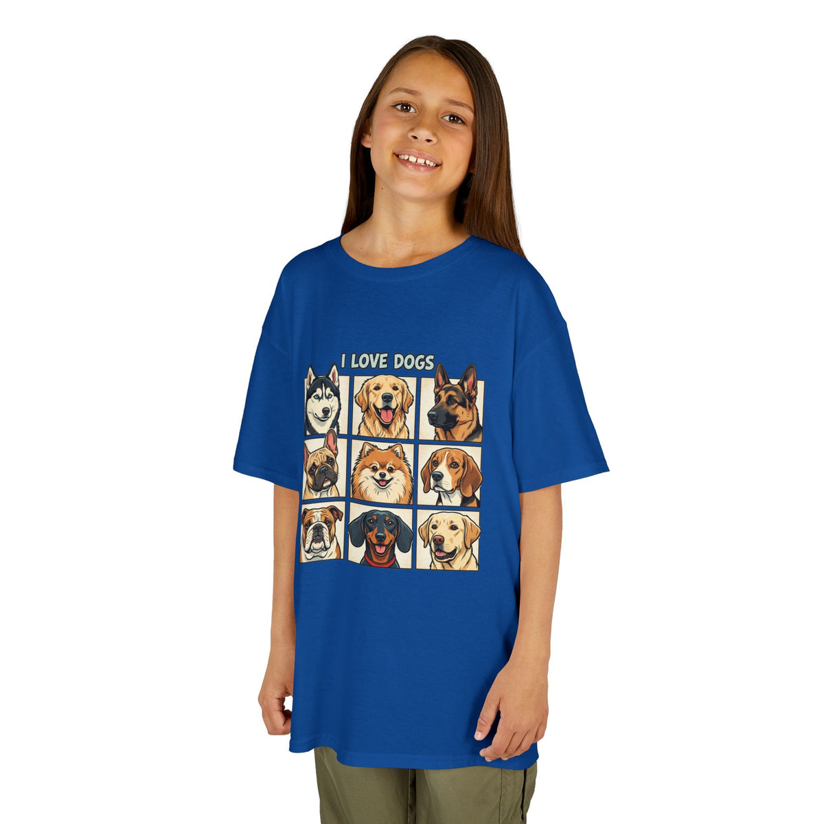 Kids T‑Shirt — "I Love Dogs" Cartoon Breed Grid