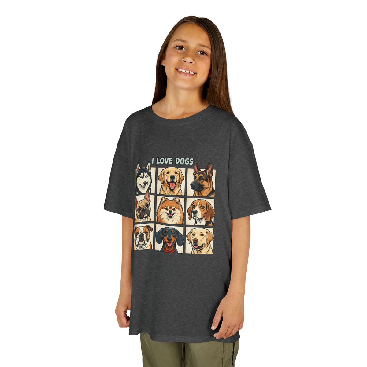 Kids T‑Shirt — "I Love Dogs" Cartoon Breed Grid