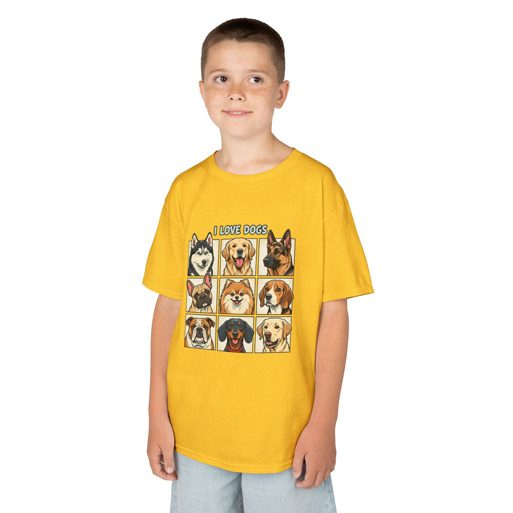 Kids T‑Shirt — "I Love Dogs" Cartoon Breed Grid