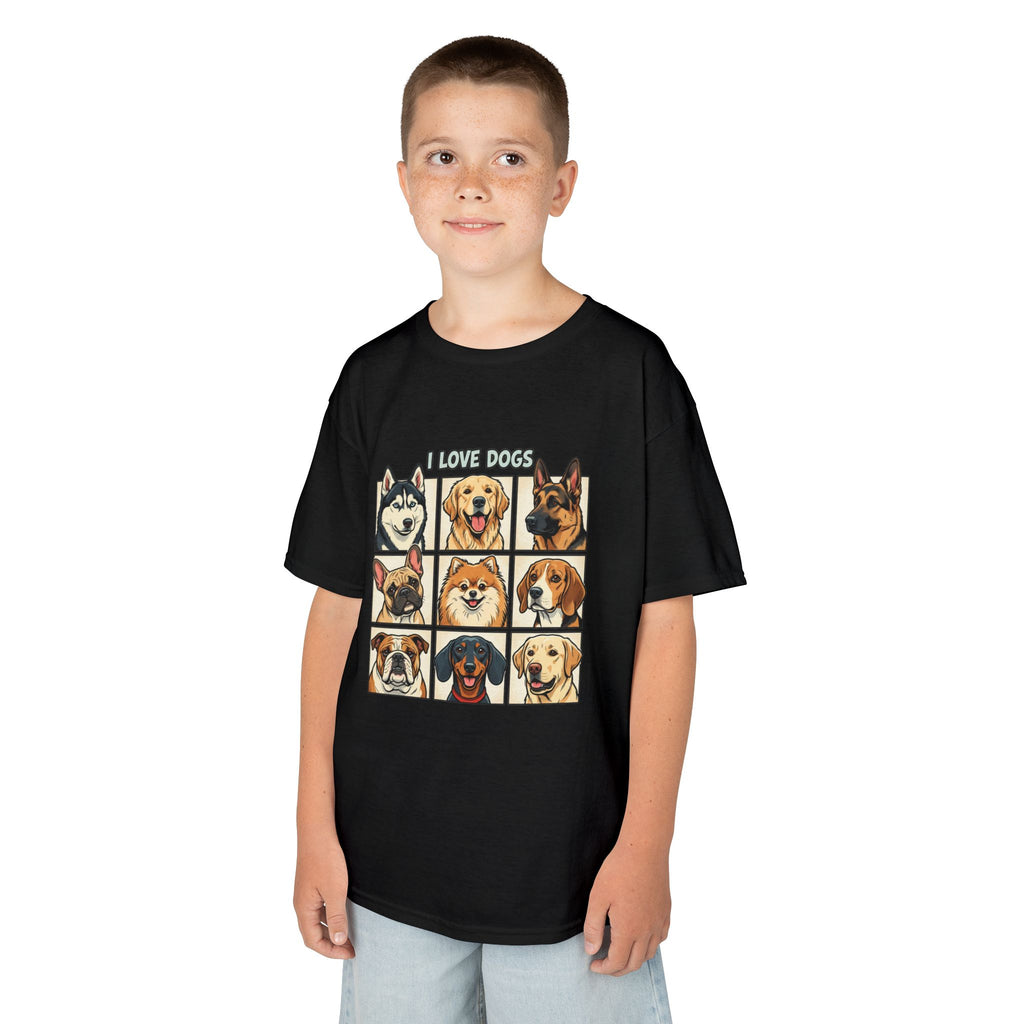 Kids T‑Shirt — "I Love Dogs" Cartoon Breed Grid