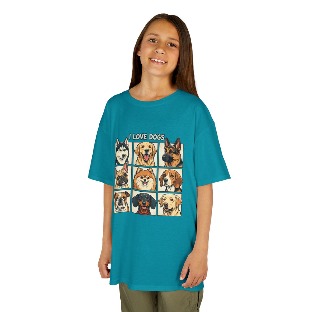 Kids T‑Shirt — "I Love Dogs" Cartoon Breed Grid