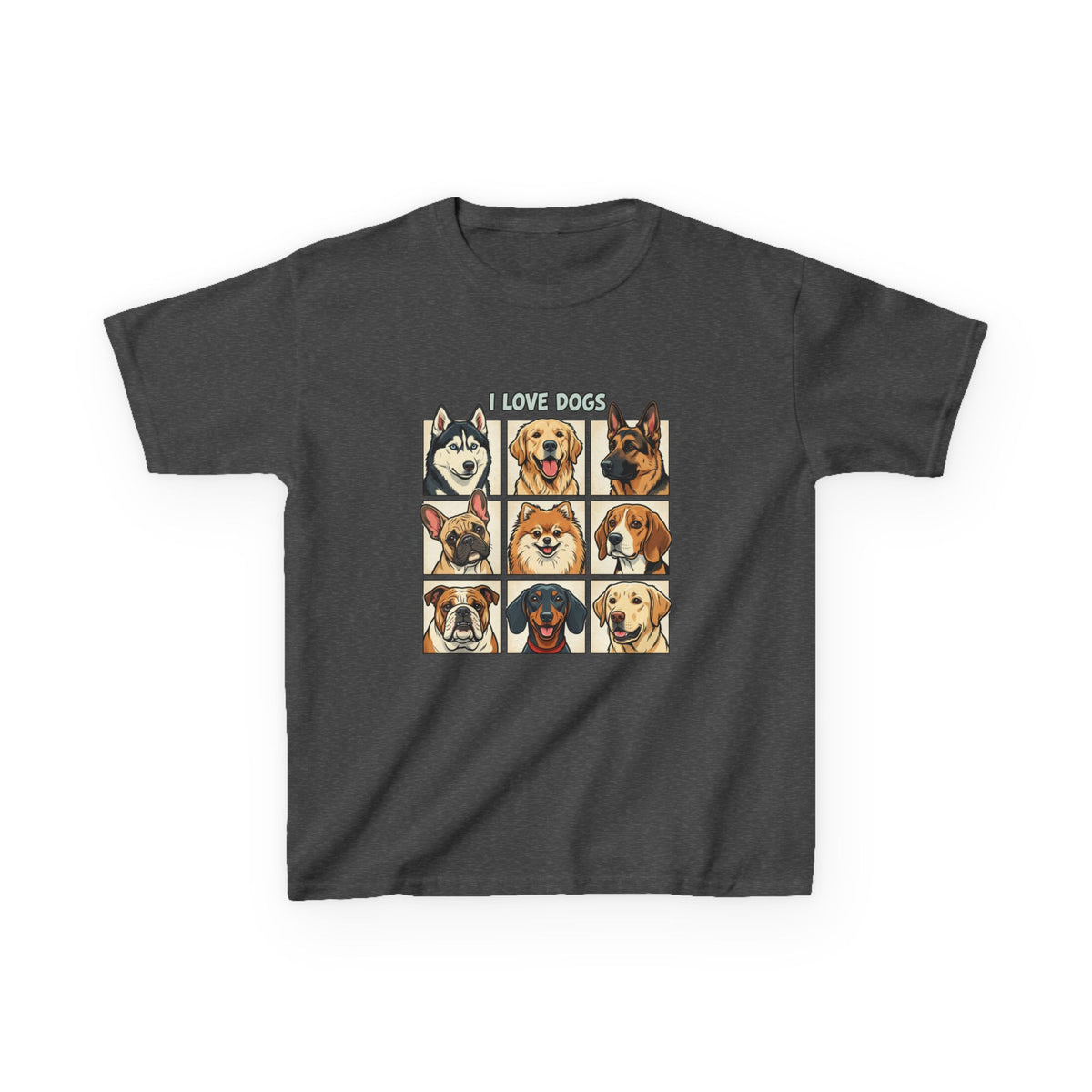 Kids T‑Shirt — "I Love Dogs" Cartoon Breed Grid