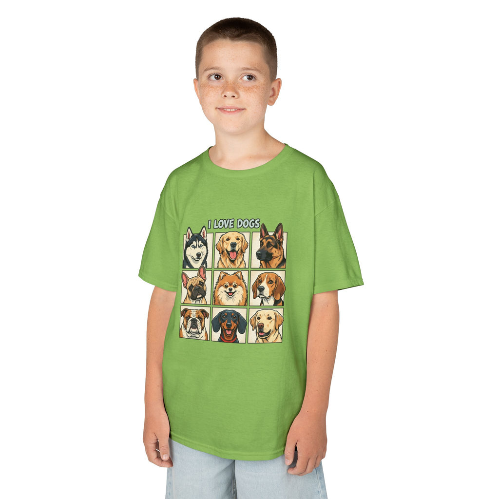 Kids T‑Shirt — "I Love Dogs" Cartoon Breed Grid