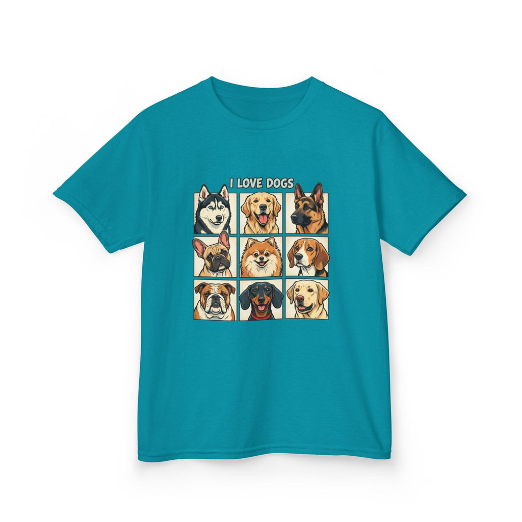 Kids T‑Shirt — "I Love Dogs" Cartoon Breed Grid