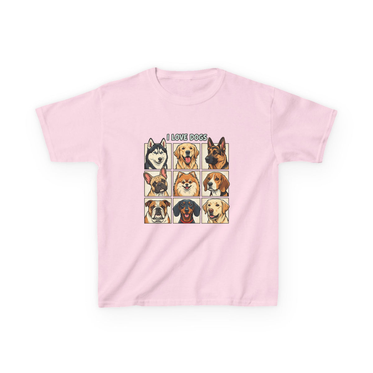 Kids T‑Shirt — "I Love Dogs" Cartoon Breed Grid