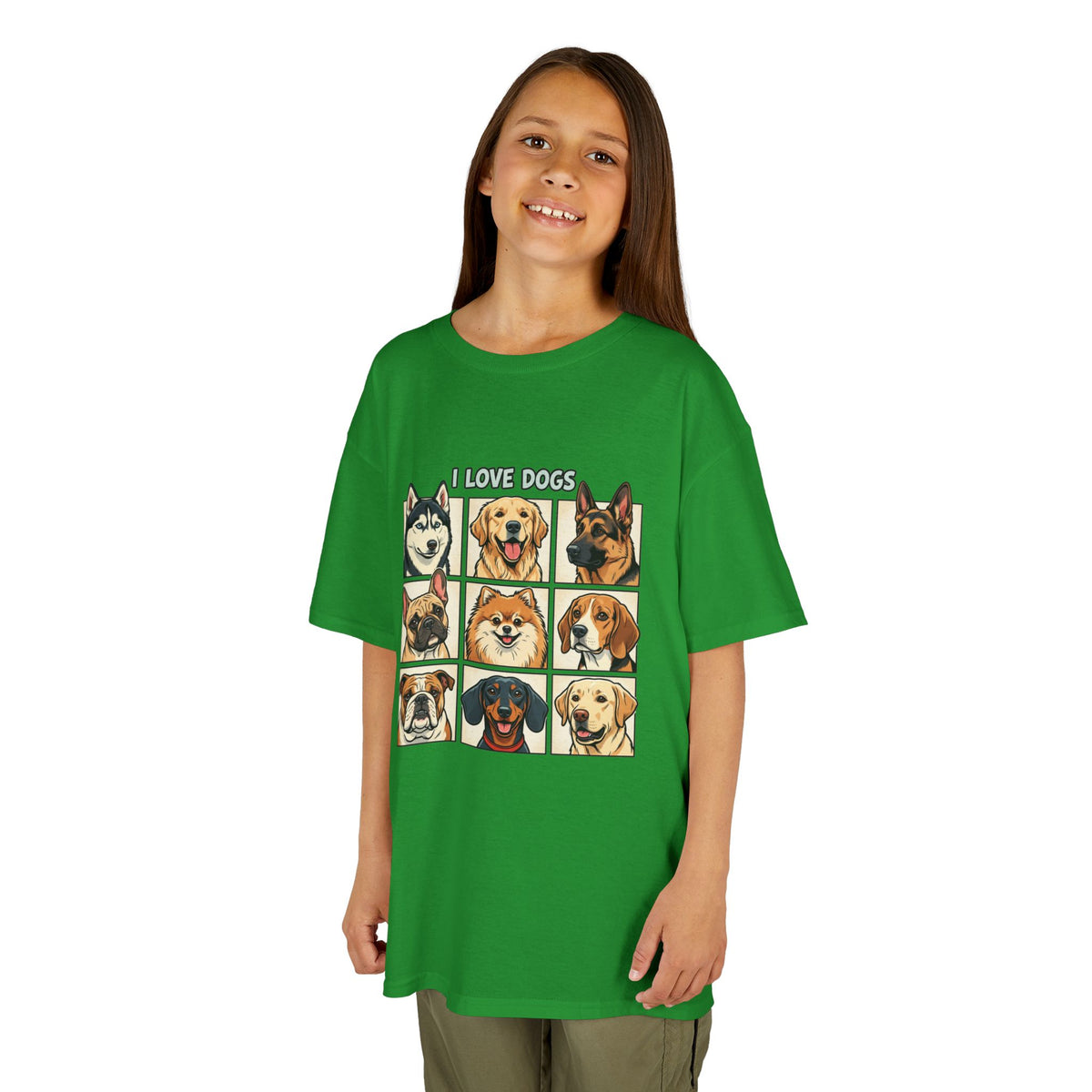 Kids T‑Shirt — "I Love Dogs" Cartoon Breed Grid