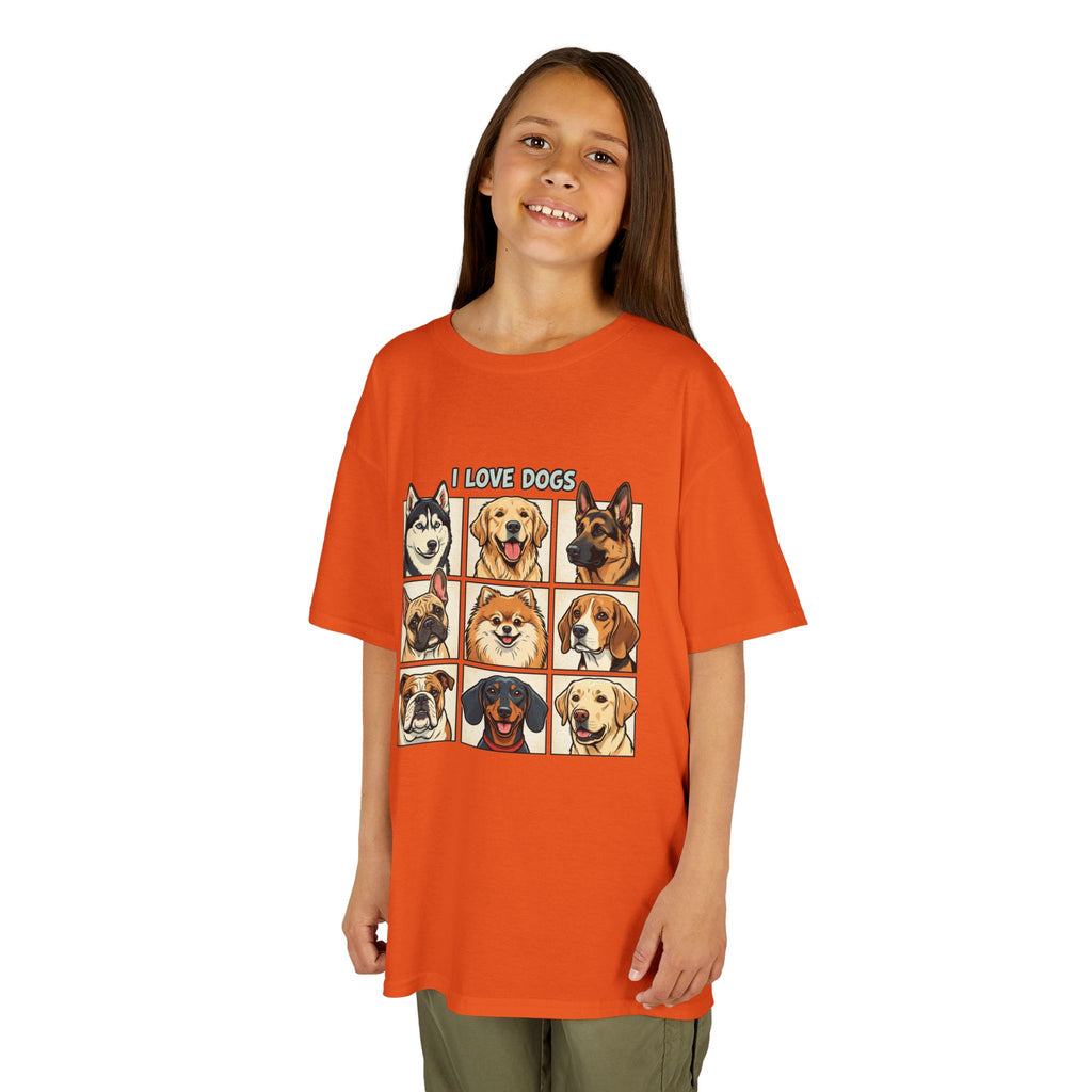 Kids T‑Shirt — "I Love Dogs" Cartoon Breed Grid