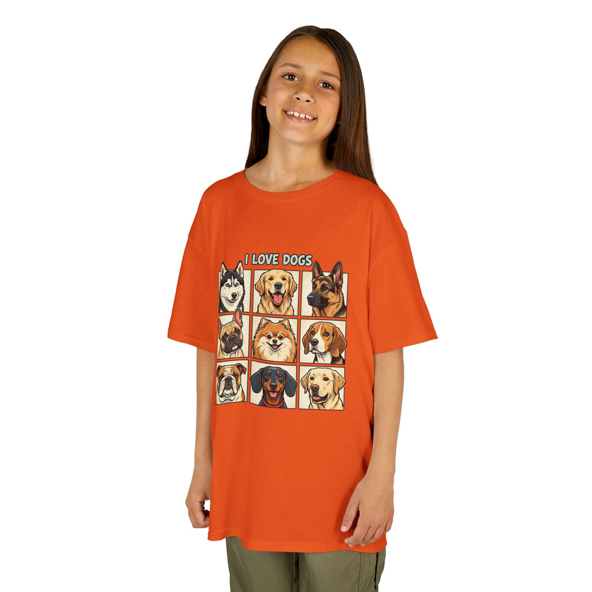 Kids T‑Shirt — "I Love Dogs" Cartoon Breed Grid