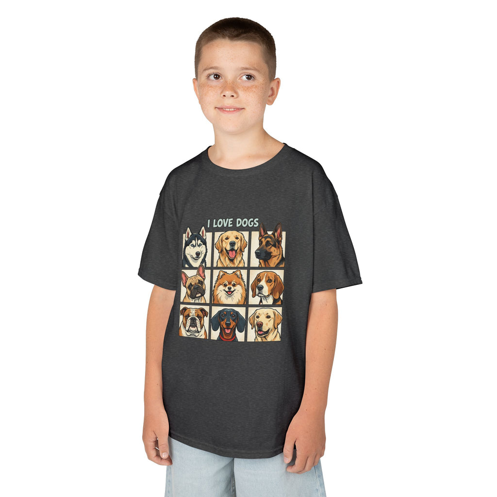 Kids T‑Shirt — "I Love Dogs" Cartoon Breed Grid