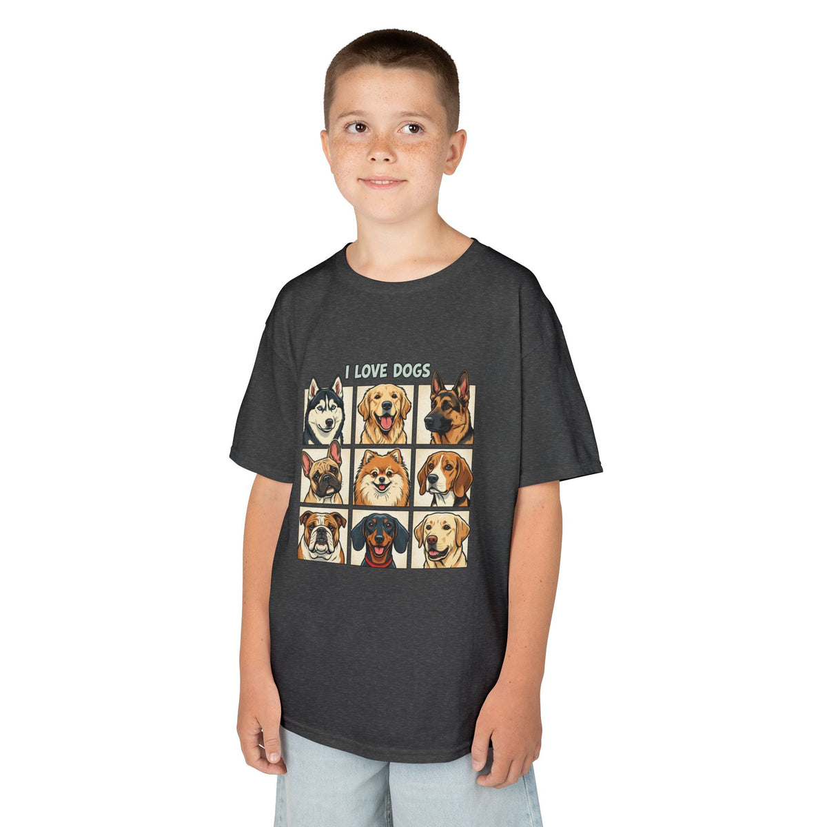 Kids T‑Shirt — "I Love Dogs" Cartoon Breed Grid