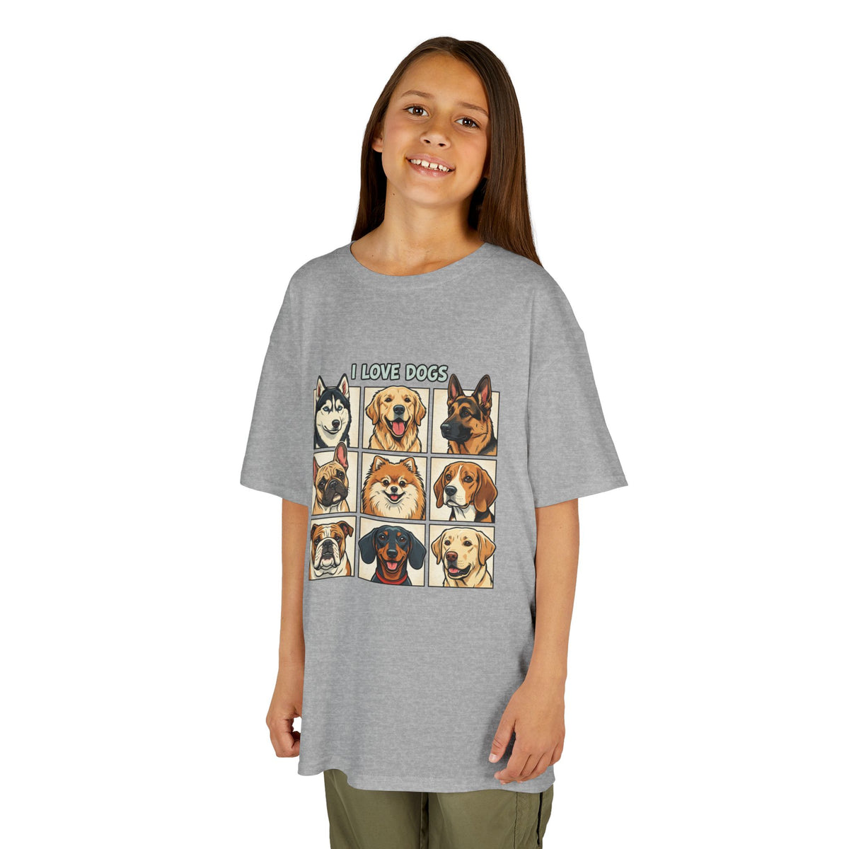 Kids T‑Shirt — "I Love Dogs" Cartoon Breed Grid