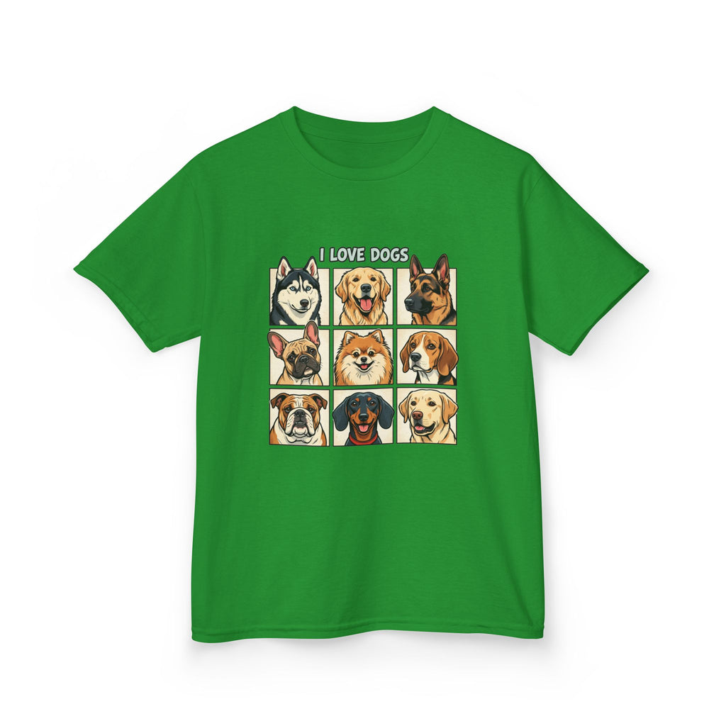 Kids T‑Shirt — "I Love Dogs" Cartoon Breed Grid