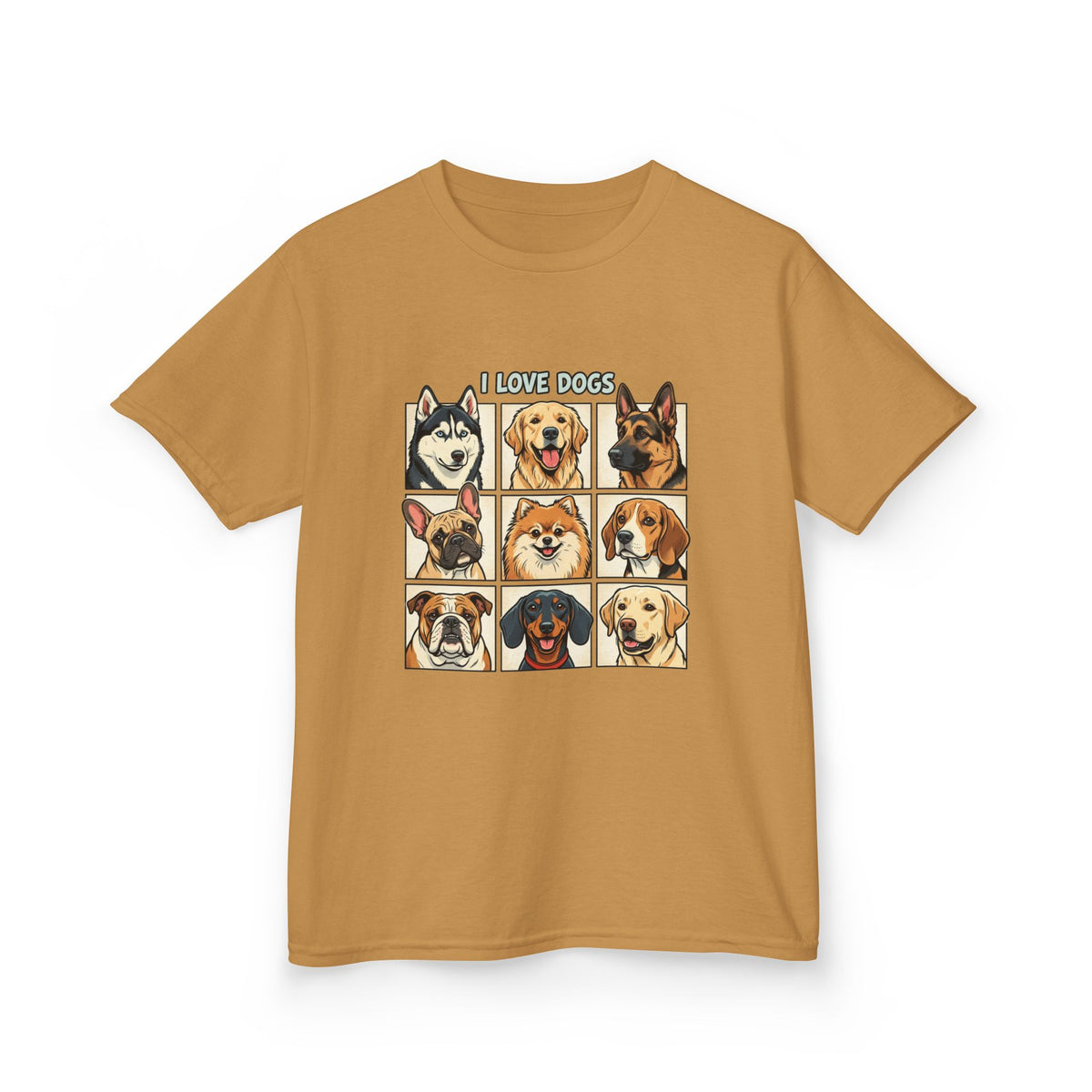Kids T‑Shirt — "I Love Dogs" Cartoon Breed Grid