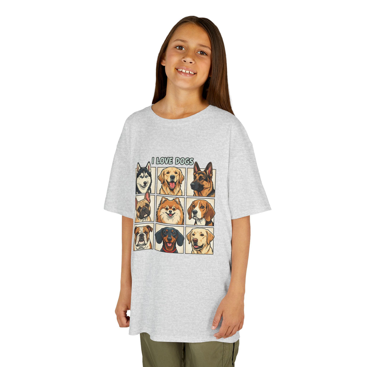 Kids T‑Shirt — "I Love Dogs" Cartoon Breed Grid