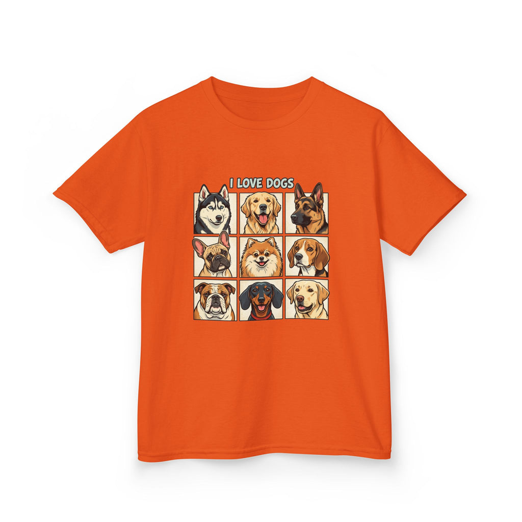 Kids T‑Shirt — "I Love Dogs" Cartoon Breed Grid