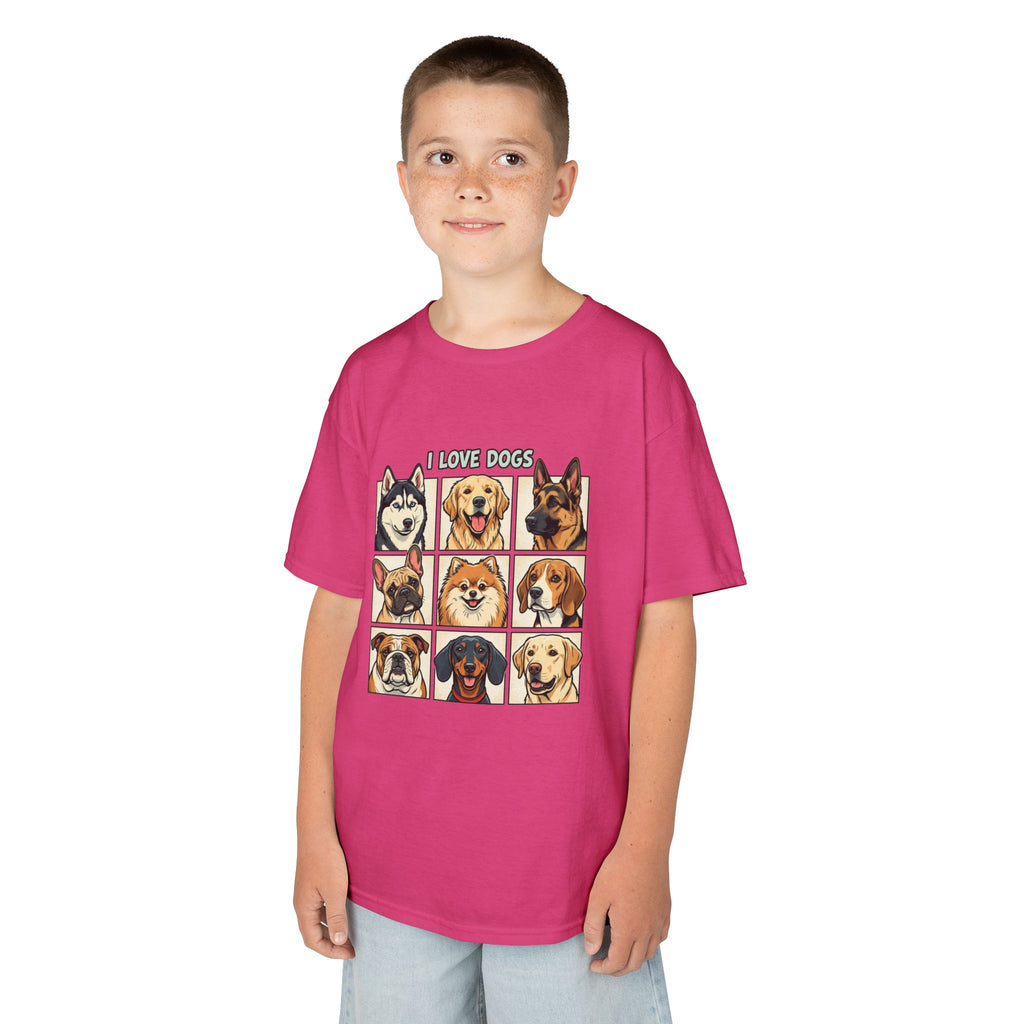 Kids T‑Shirt — "I Love Dogs" Cartoon Breed Grid
