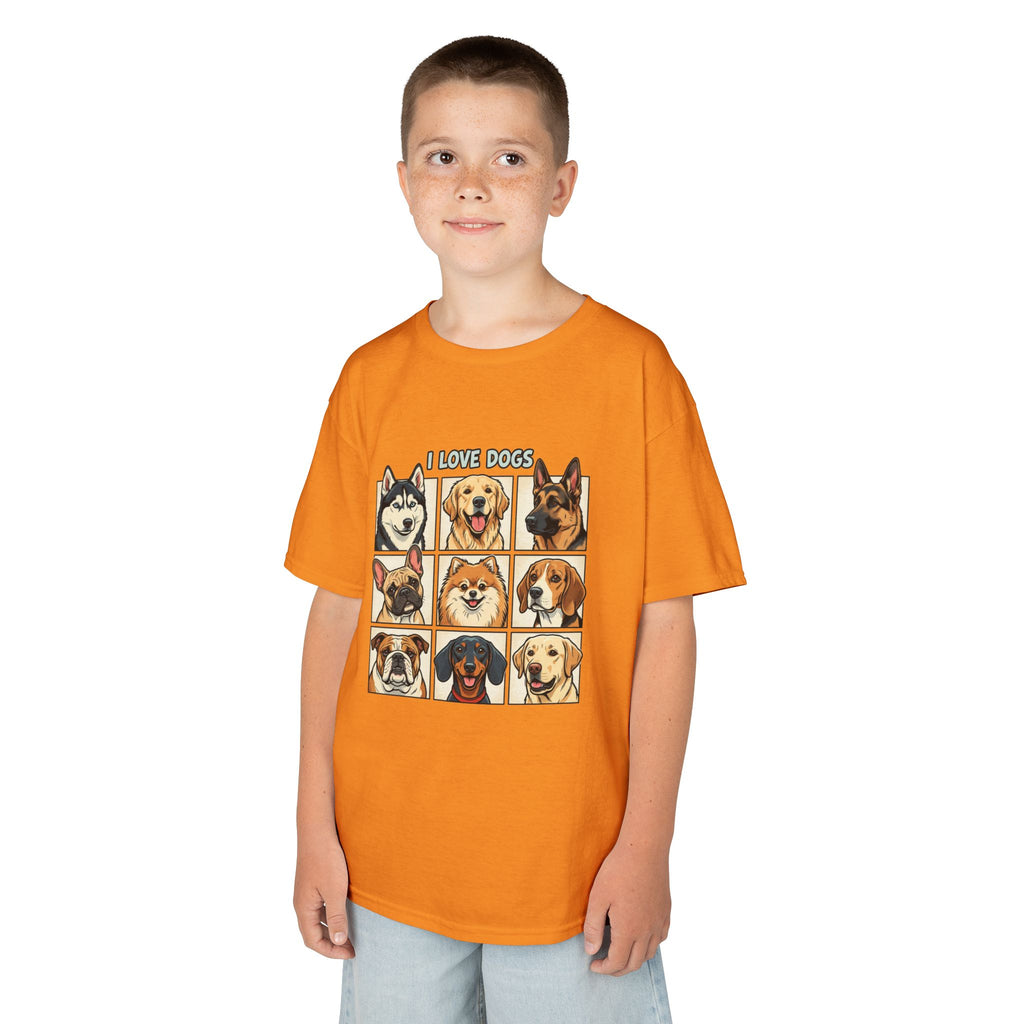 Kids T‑Shirt — "I Love Dogs" Cartoon Breed Grid