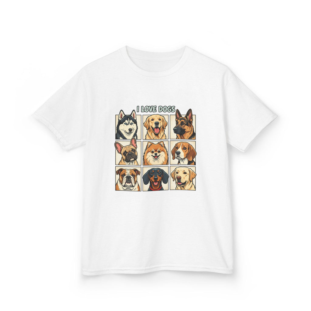 Kids T‑Shirt — "I Love Dogs" Cartoon Breed Grid