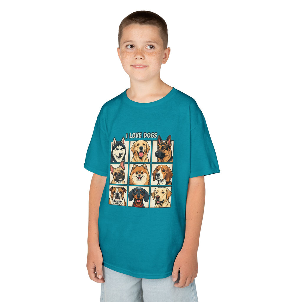 Kids T‑Shirt — "I Love Dogs" Cartoon Breed Grid