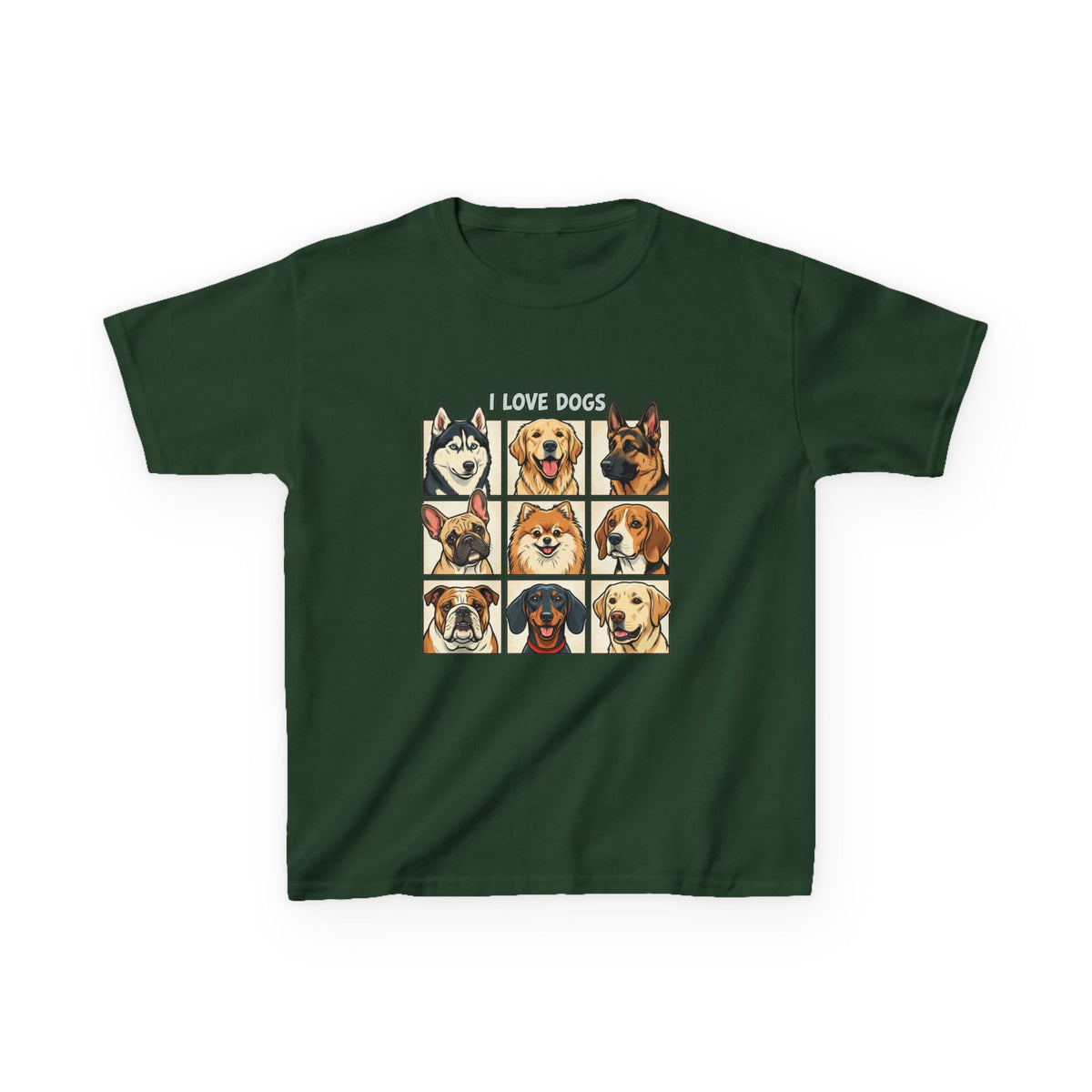 Kids T‑Shirt — "I Love Dogs" Cartoon Breed Grid