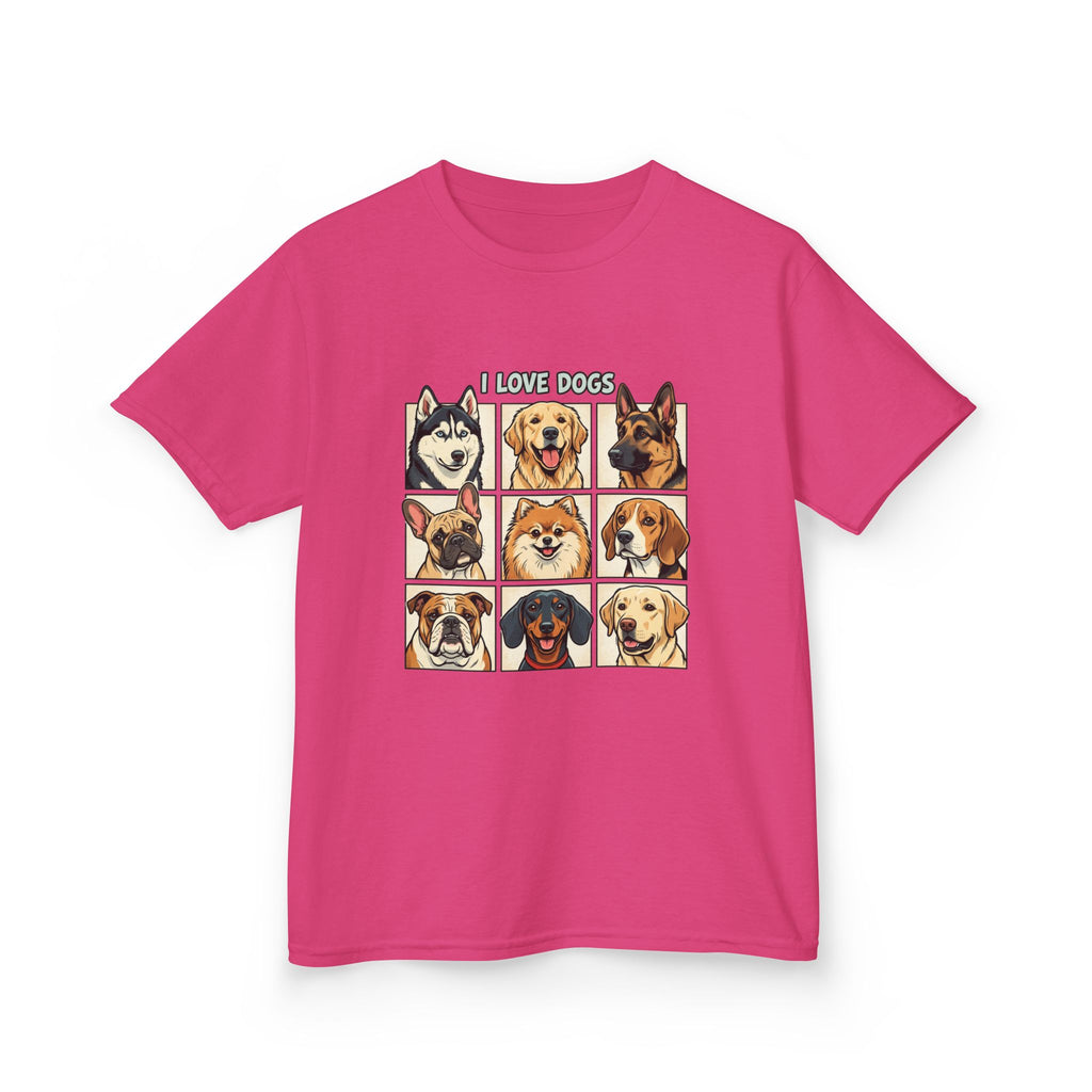 Kids T‑Shirt — "I Love Dogs" Cartoon Breed Grid