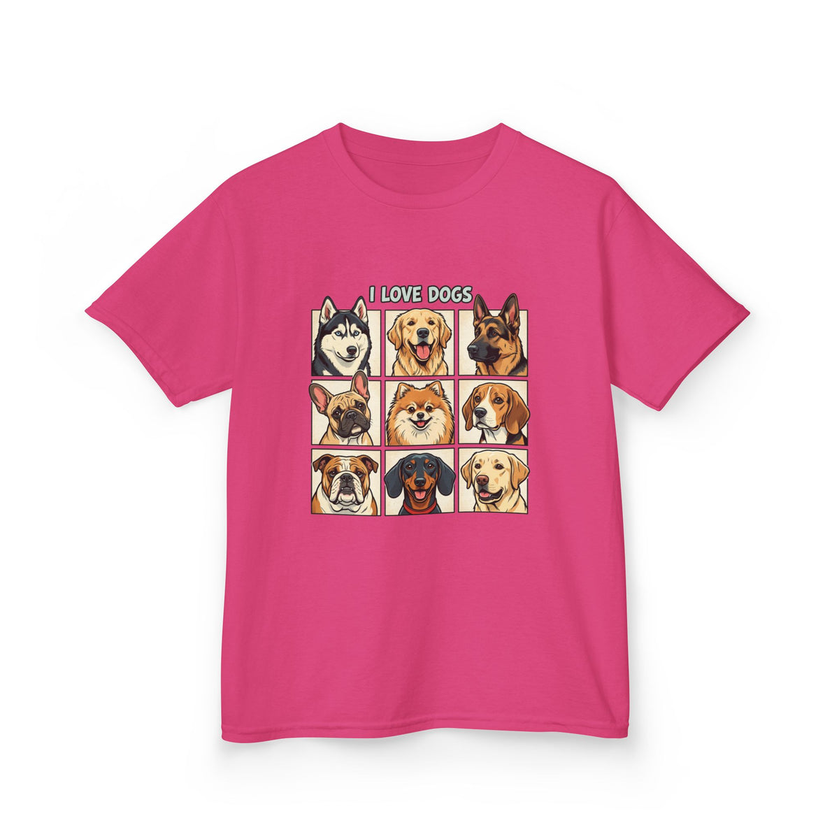 Kids T‑Shirt — "I Love Dogs" Cartoon Breed Grid