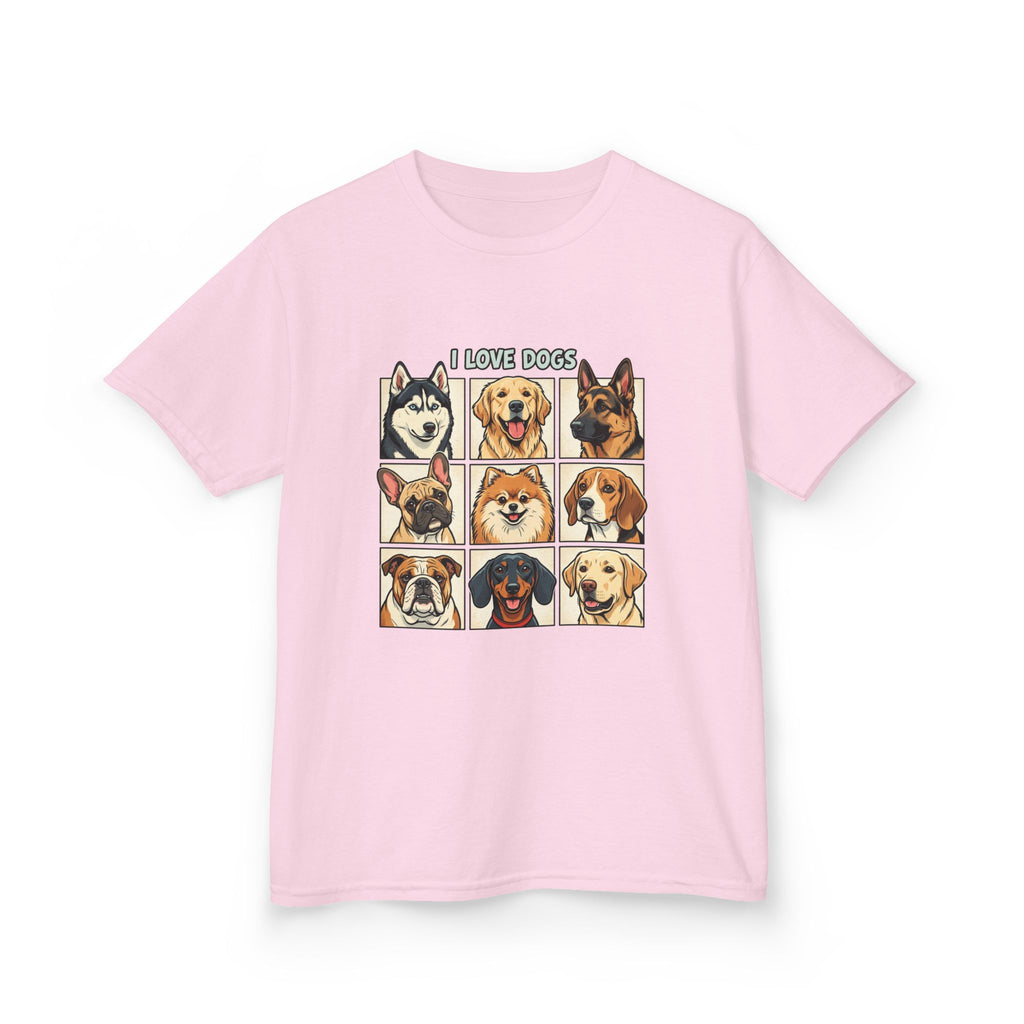Kids T‑Shirt — "I Love Dogs" Cartoon Breed Grid