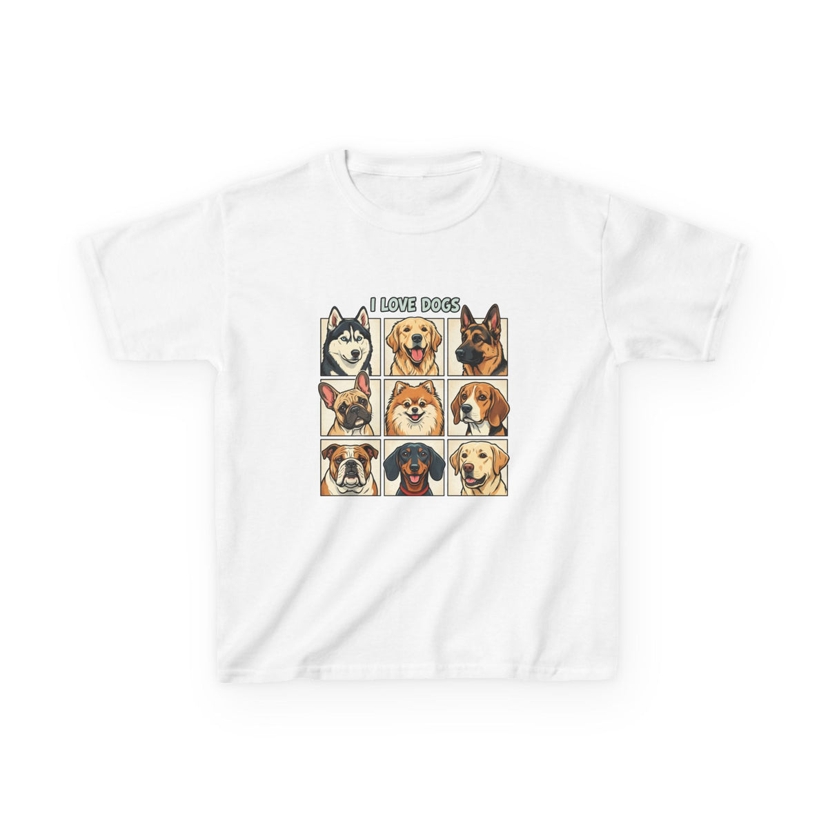 Kids T‑Shirt — "I Love Dogs" Cartoon Breed Grid