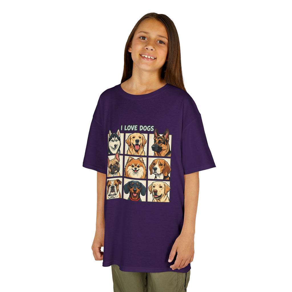 Kids T‑Shirt — "I Love Dogs" Cartoon Breed Grid