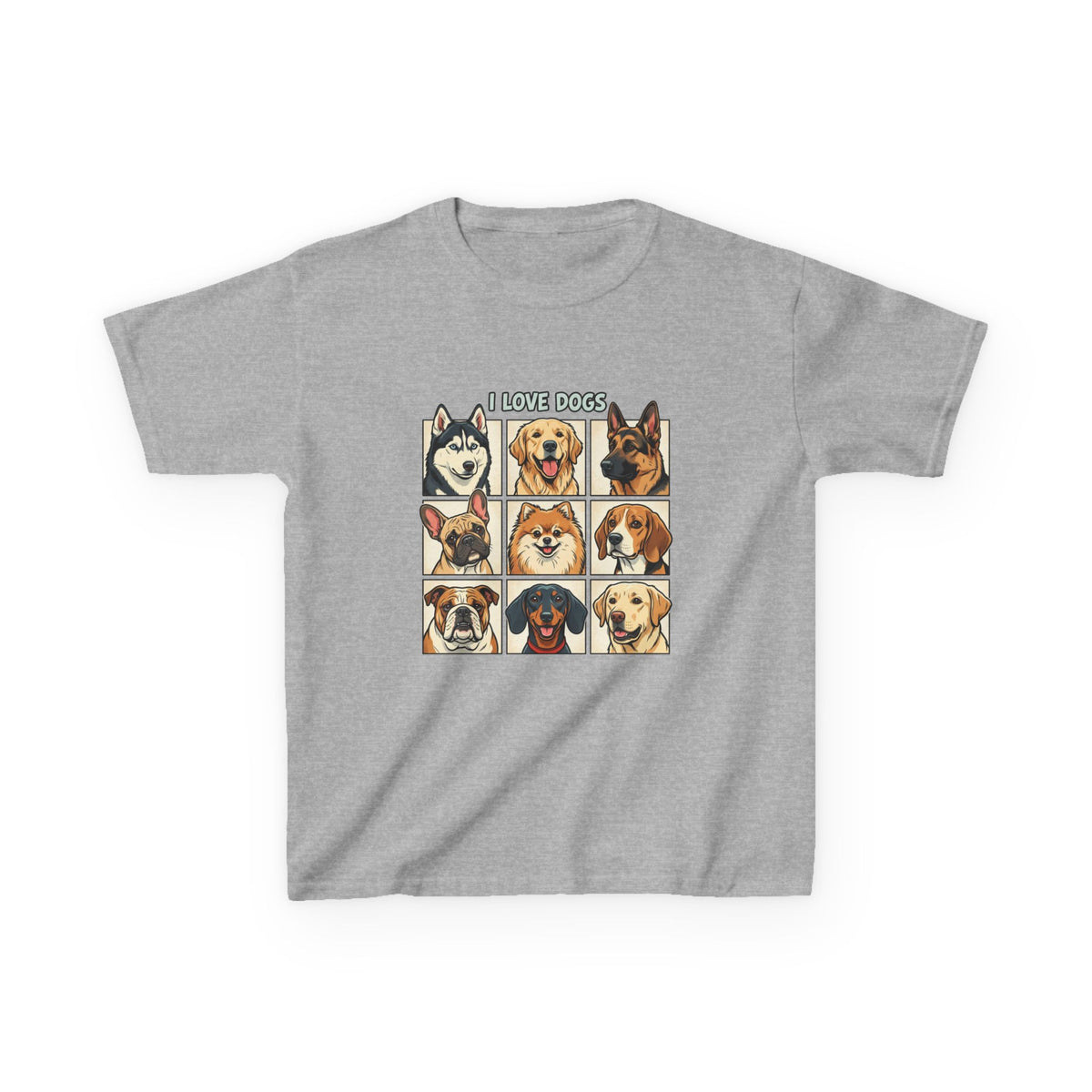 Kids T‑Shirt — "I Love Dogs" Cartoon Breed Grid