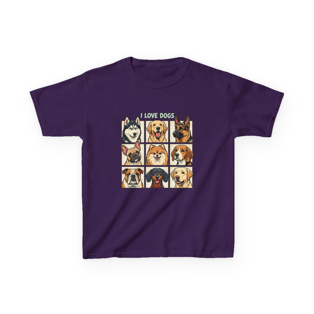 Kids T‑Shirt — "I Love Dogs" Cartoon Breed Grid