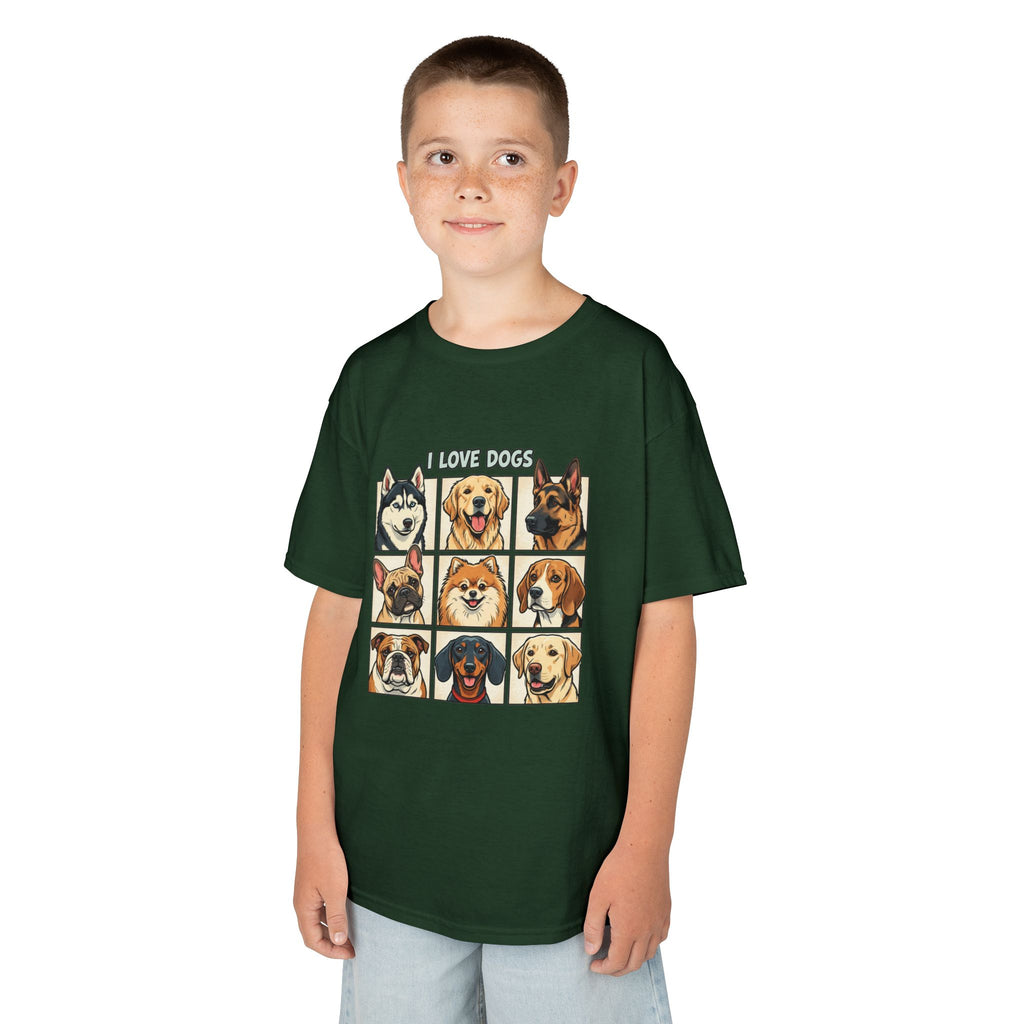 Kids T‑Shirt — "I Love Dogs" Cartoon Breed Grid