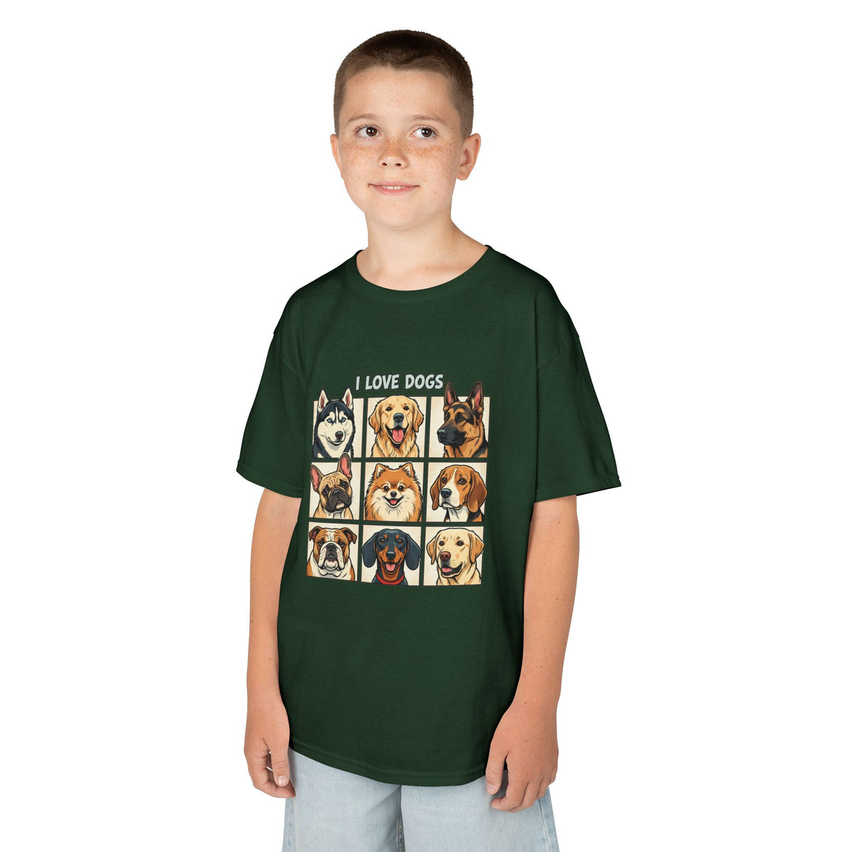 Kids T‑Shirt — "I Love Dogs" Cartoon Breed Grid