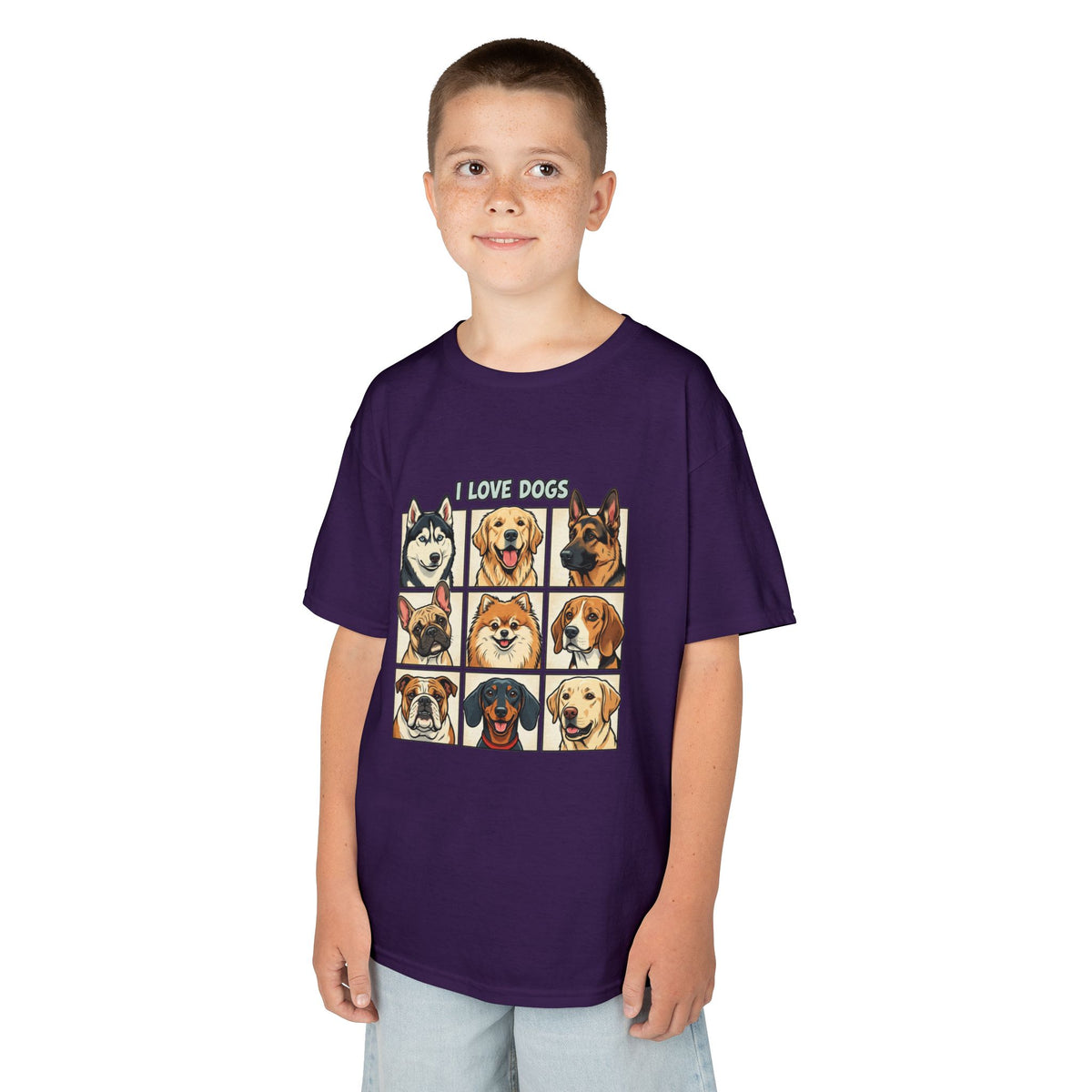 Kids T‑Shirt — "I Love Dogs" Cartoon Breed Grid